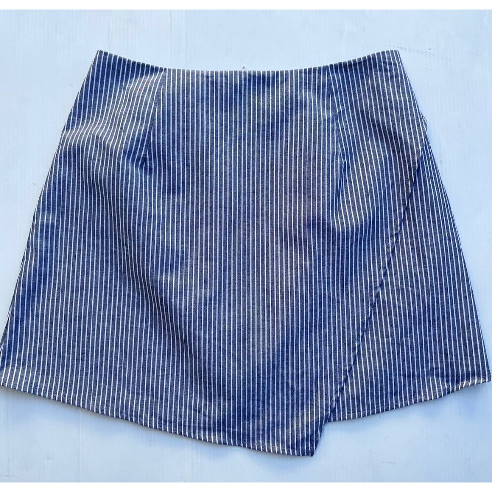 Nasty Gal Primi Women's Blue Cotton Striped Wrap Mini Skirt Size M NWOT - Picture 2 of 16